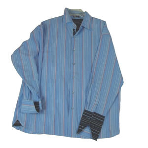 Koman Sport Men Long Sleeve Button Up Dress Shirt Blue Stipe Size XL French Cuff
